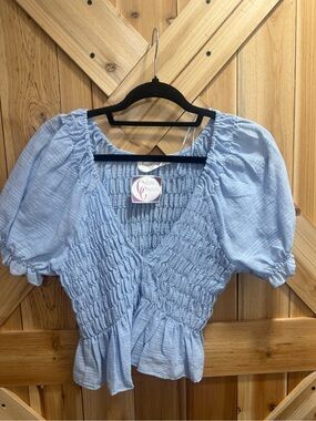 Light Blue Smocked Puff-Sleeve Crop Blouse